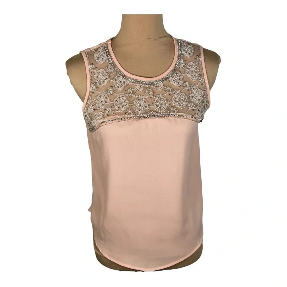 Endless Rose Embroidered Mixed Jeweled‎ Media Babydoll Peach Top Small